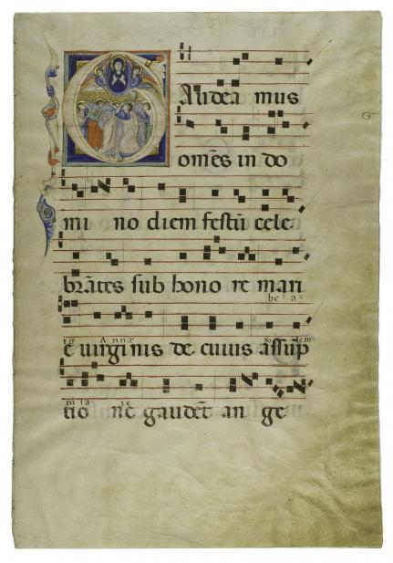 Unknown (Italian), Folios XLV and XLVI of Liturgical Book with Illuminated Initial: Assumption of the Virgin, 13th-14th century