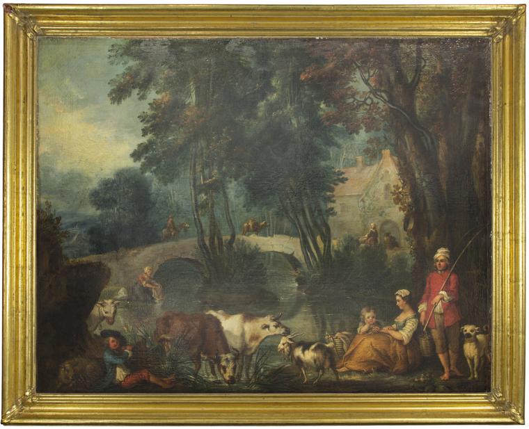 Attributed to Jean-Baptiste Benard, River Landscape with Figures and Beasts