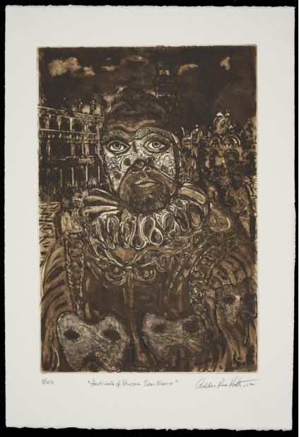 Curlee Raven Holton (American, b. 1951), Festival of Piazza San Marco; The man in the mask: in the midst of celebration, doubt, 2012