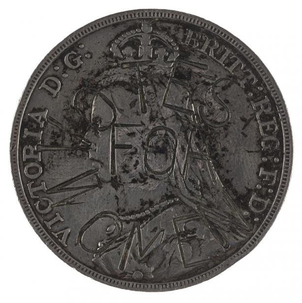 Minted under Victoria I (British), Crown with Suffragette countermark minted under Victoria I, 1892; ca. 1905