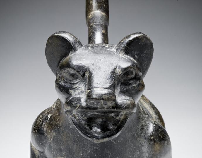 Moche, Stirrup-spouted vessel in form of feline