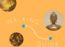 An orange background with the text, "Walking Guide." Surrounding it are three circle images of MHCAM collection artworks..