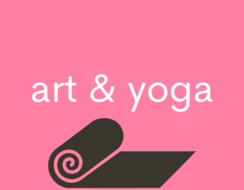 A pink background with the text: art & yoga overlaid. Below the text is a gray yoga mat partly unrolled.