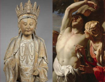 L: Unknown (Chinese), Guanyin, 960-1368; R: Daniel Seiter (Austrian, 1649-1705), Saint Sebastian Tended by Saint Irene (detail), ca. 1680