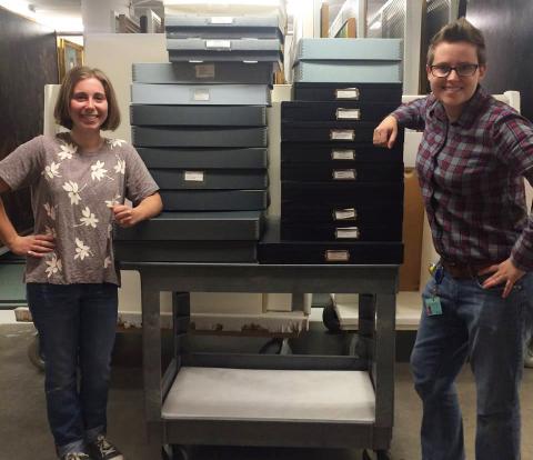 Emily Ewen '16 and Museum Preparator Jackie Finnegan with 24 empty solander boxes, which previously housed Japanese prints