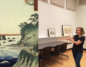 Utagawa Hiroshige II, Ise Futami ga ura (detail), 1859; Emily Ewen '16 presents her installation of Japanese prints in the Carson Teaching Gallery