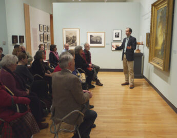 Leslie and Sarah Miller Director of the Miller Worley Center for the Environment Tim Farnham addresses the audience during a gallery talk