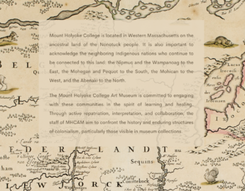 A semi-transparent tan text box with the Museum's land acknowledgement is overlaid on a historical map of Western Massachusetts.