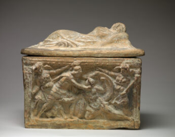 Etruscan, Cinerary urn with lid and scenes from Aeschylus