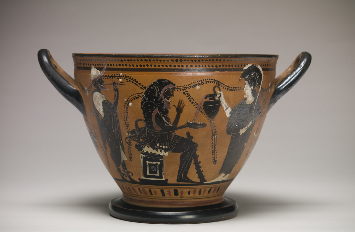 Theseus Painter, Skyphos with Herakles, Athena, and Hermes