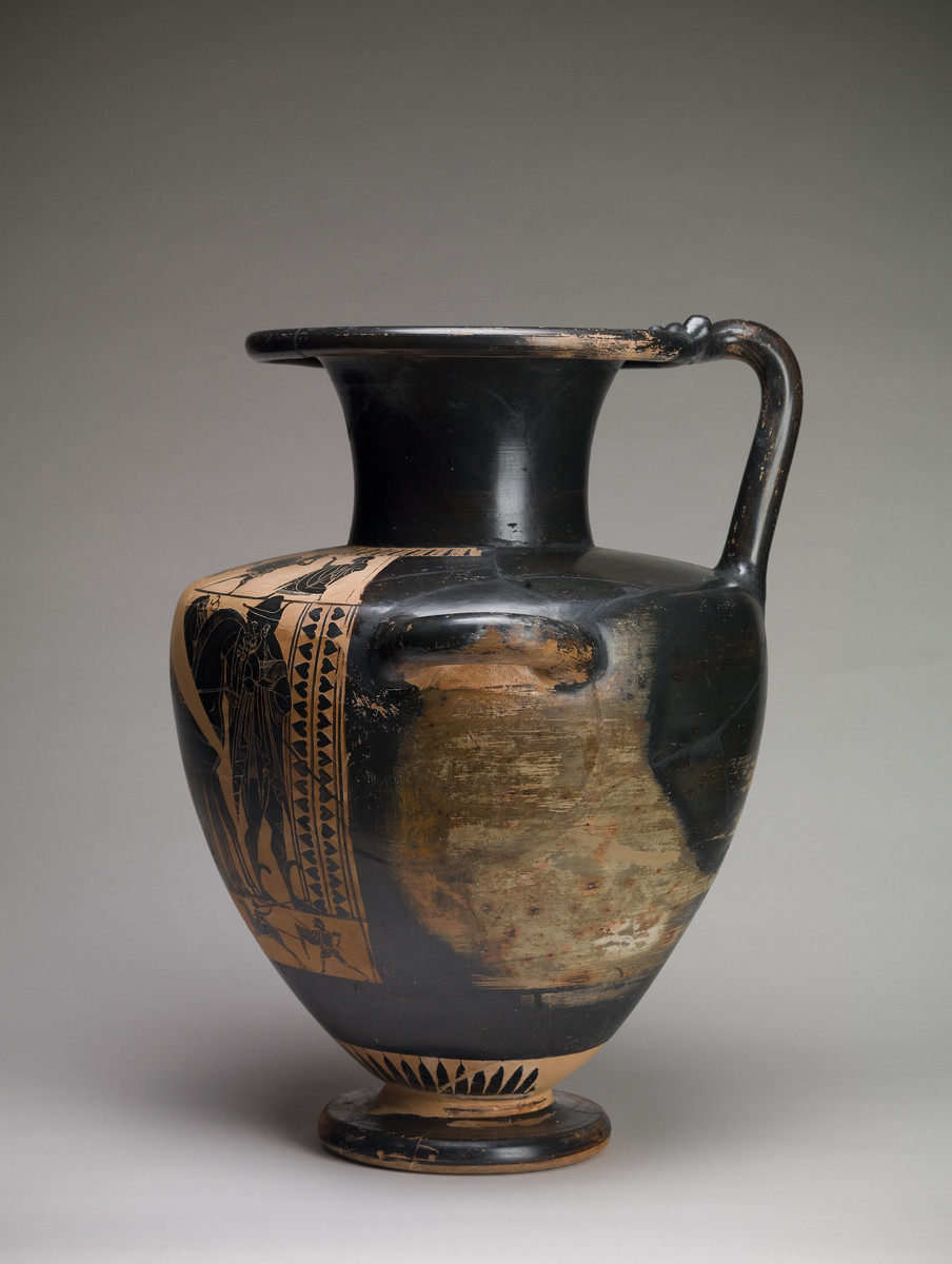 Eye-Siren Painter, Shoulder hydria with Athena, Herakles, Apollo, and Hermes