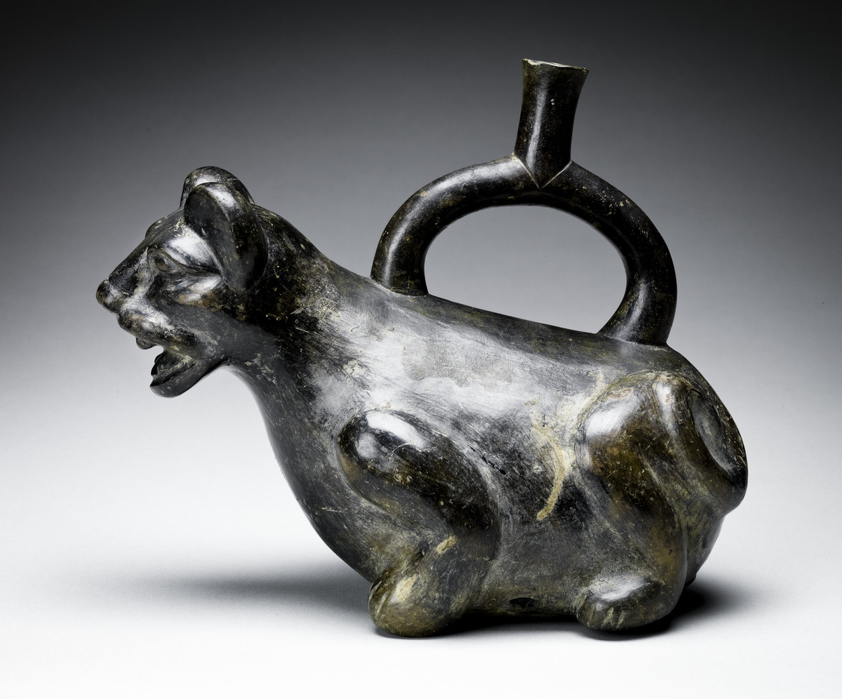 Moche, Stirrup-spouted vessel in form of feline