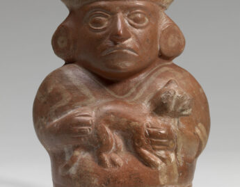 Moche, Stirrup-spouted vessel in form of a figure holding a feline