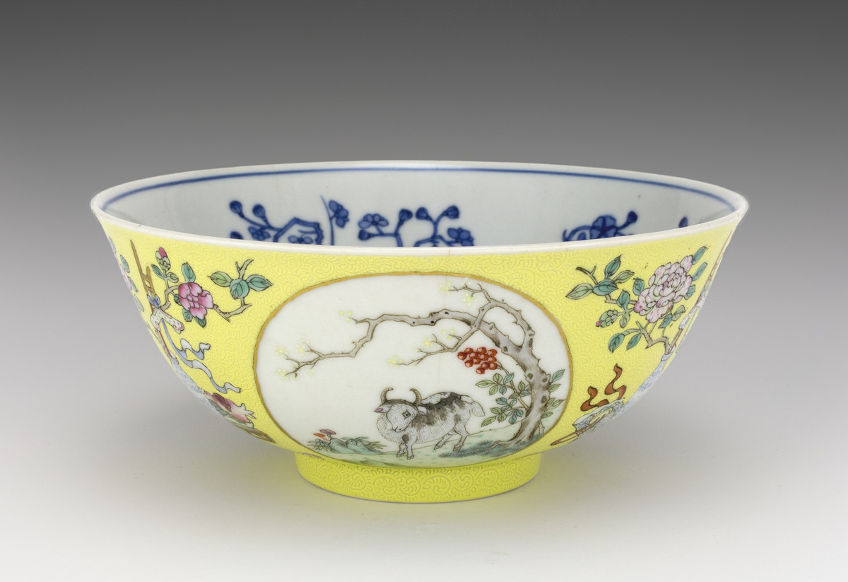 Chinese, Yellow-ground bowl with motifs of "Wishes for Prosperity in the Spring"