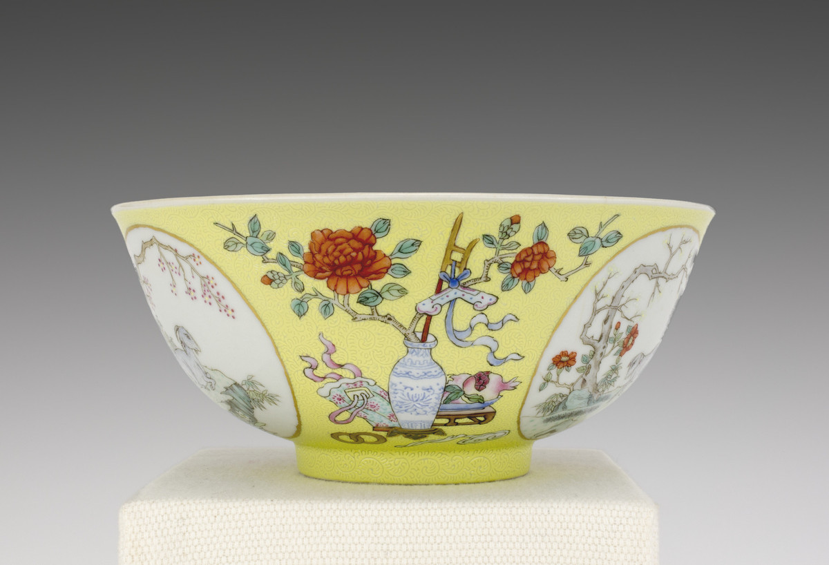 Chinese, Yellow-ground bowl with motifs of "Wishes for Prosperity in the Spring"