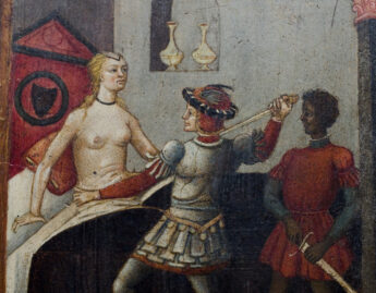 Unknown (Italian; Sienese), Wedding chest (cassone) with painted panel showing the Death of Lucretia (detail), ca. 1465-1475