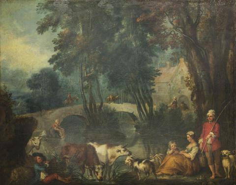 Jean-Baptiste Benard (French, active 1751–1789), River Landscape with Figures and Beasts, ca. 1750s,