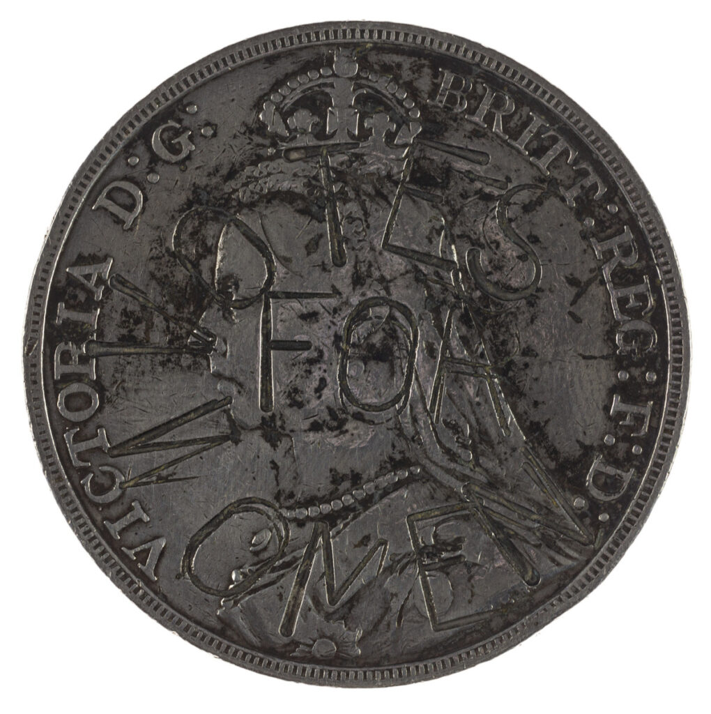 Minted under Victoria I (British), Crown with Suffragette countermark minted under Victoria I, 1892; ca. 1905