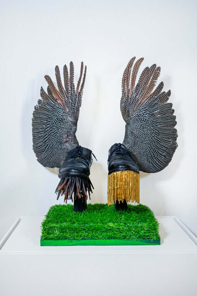 vanessa german (American, b. 1976), THE FATHER SHOES: inspired by two note cards about fathers leaving and the enduring absence being a constant quake in the being of the cards’ authors. THESE FATHER SHOES: one for leaving, and one for coming back, 2022