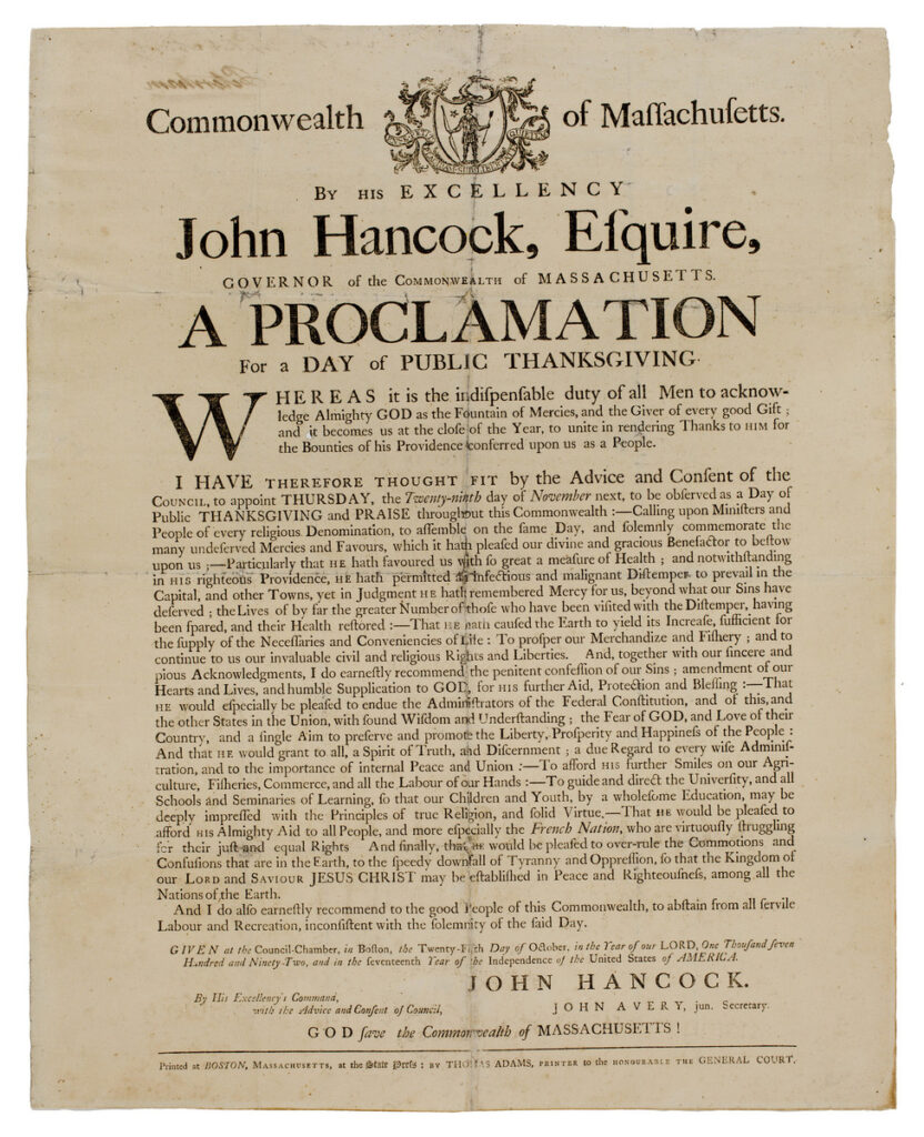 Adams, Thomas, A Proclamation for a Day of Public Thanksgiving; Broadside
