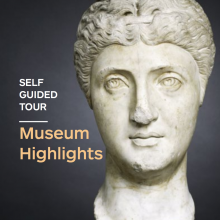 A dark gray background with a Greco-Roman bust of Faustina on the right and text on the left, "Self-Guided Tour" and below, "Museum Highlights."