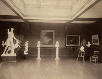 Upper gallery at Dwight Hall; Albert Bierstadt's Hetch Hetchy Canyon displayed on back wall