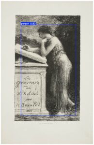 Figure 1: Print in the MHCAM collection that is annotated with the “person” label with .83 confidence by YOLO11; Henri Fantin-Latour, [woman leaning on podium], 1887