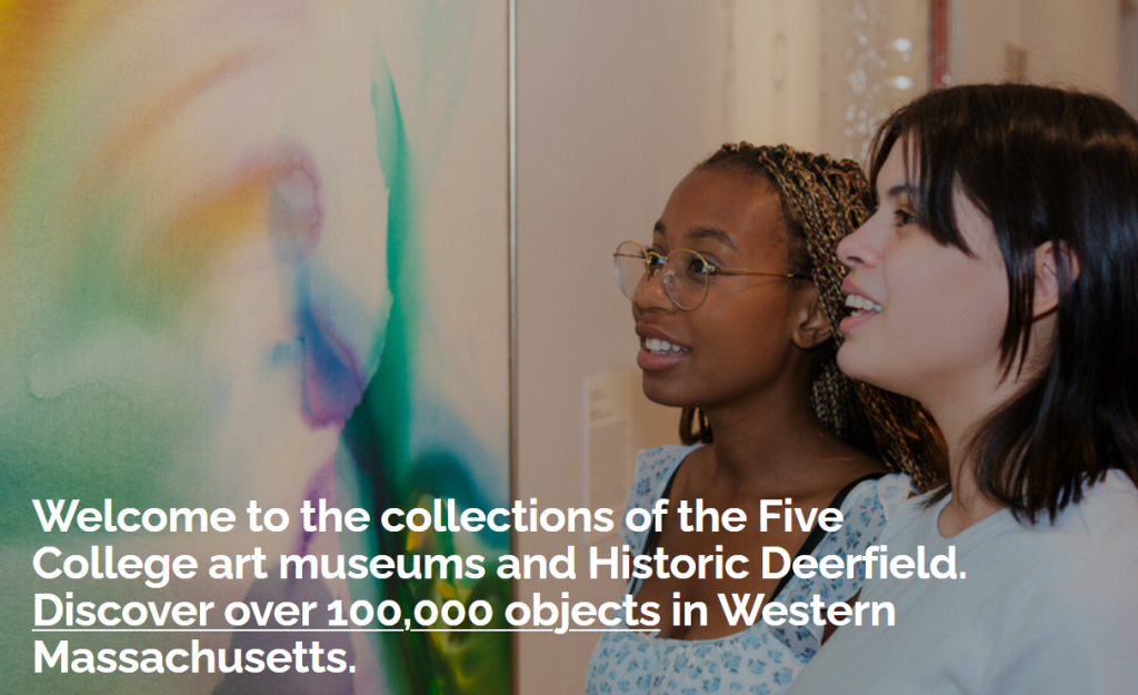 Two people gaze at artwork with overlaid text describing Collections Online