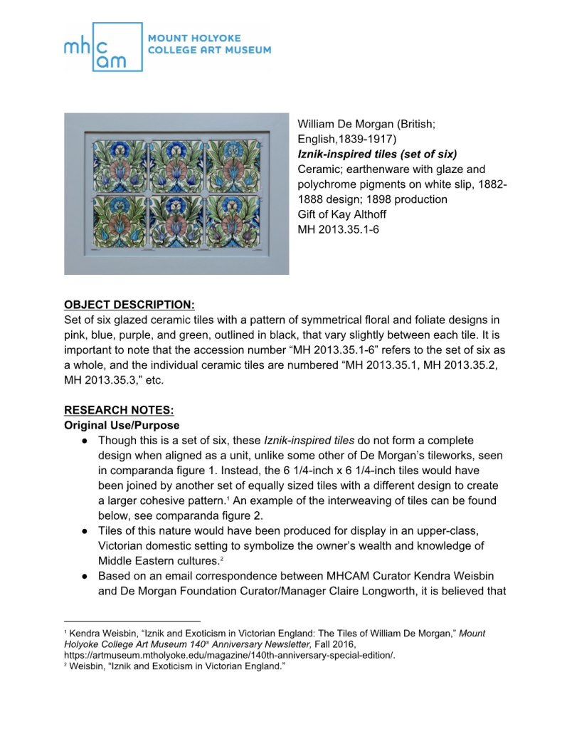 Research request document filled in with details about De Morgan's tiles