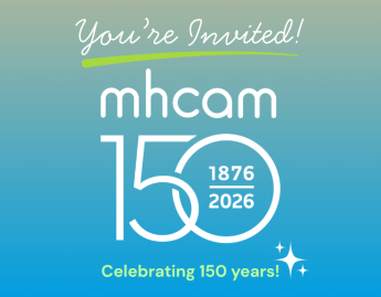 Invitation with the MHCAM 150 logo on a blue background with sparkles