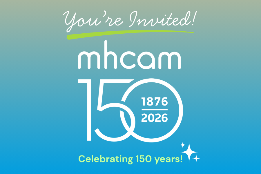 Invitation with the MHCAM 150 logo on a blue background with sparkles