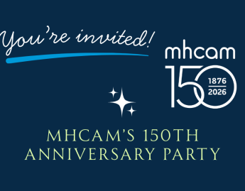 You're invited! MHCAM Anniversary Party on blue background