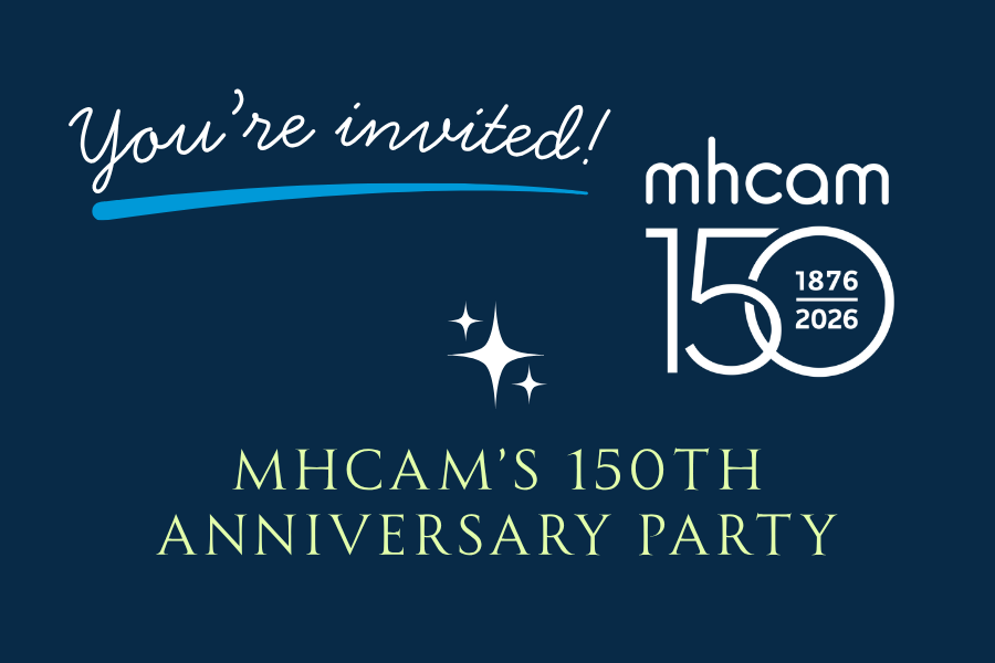 You're invited! MHCAM Anniversary Party on blue background
